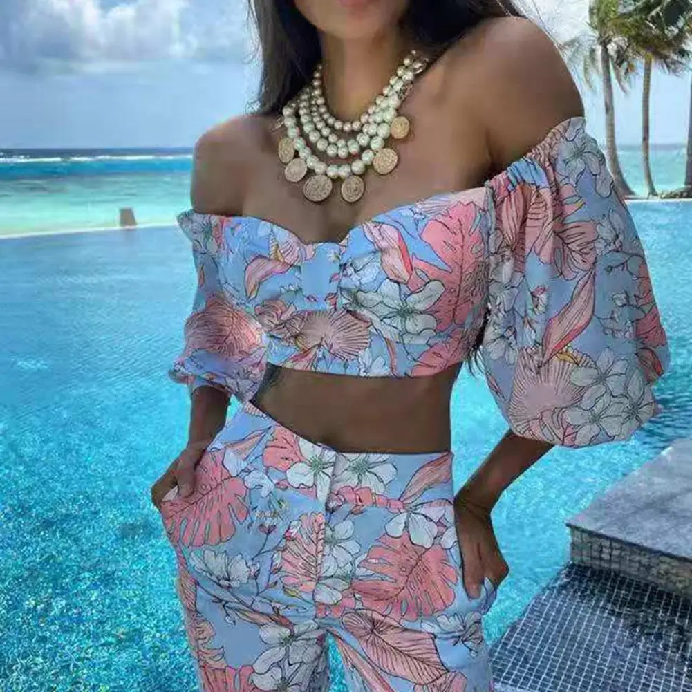 Two Piece Women Set Flare Pants Crop Top Summer Sets Floral Print Off Shoulder Sexy Outfits Half Sleeve Trousers Suits Beach