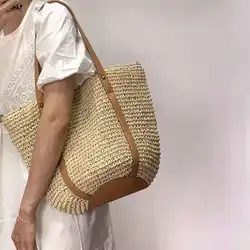 Bolso informal de paja de gran capacidad para mujer, bolsa de hombro tejida a mano, de papel, grande, para playa, verano, 2022