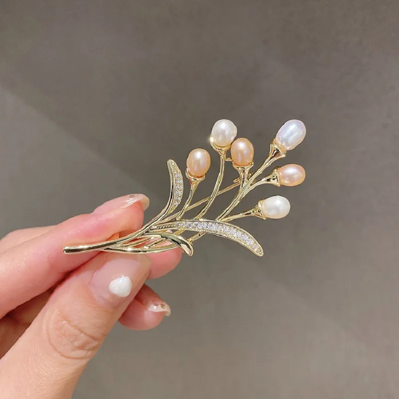 Real gold plated zircon wheat ear Freshwater Pearl Brooch commuting fashion versatile accessories minority design clothing