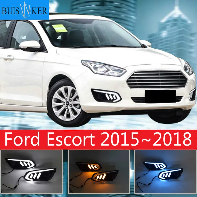 

1 пара светодиодных дневных ходовых огсветильник DRL для Ford Escort 2015 ~ 2018, whit, желтый сигнал поворота, голусветильник ночной свет