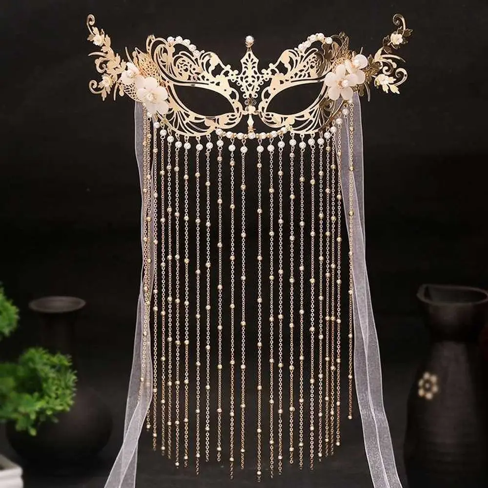 New Golden Crystal Veil Long Tassel Hairwear Waterdrop Hair Clips Hollow Flower Hairpins Pearl Retro Hairband For Women