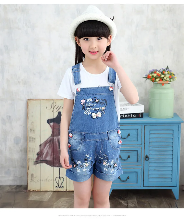 New Girls Overalls Summer Girls Jeans Princess Love Clothes For Girls Bow And Flower Decorate Kids Short Jeans Children Clothing