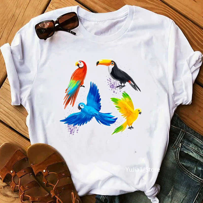 Hot Sale Watercolor Toucan Parrots Pet Birds Animal Print White T Shirt Women Summer Top Tee Harajuku Kawaii Tshirt Streetwear
