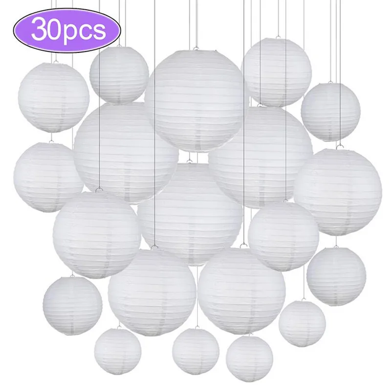 4 - 12 Inch Party Decor Chinese Paper Ball Lampion Hanging White LED Wedding Decoration Lantern Ornament Mix Size 30PCS