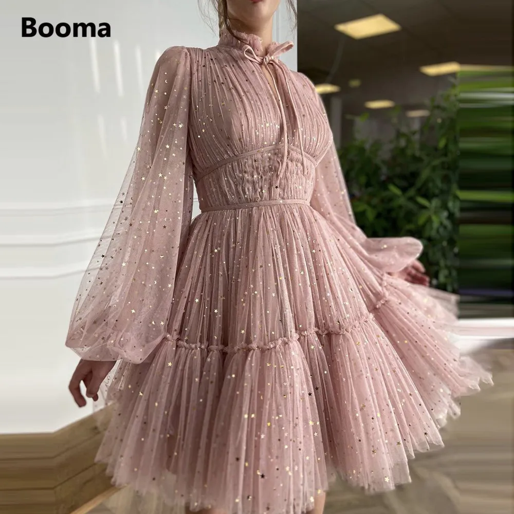 Booma-Starry Tulle Mini vestidos de baile, gola alta, mangas compridas, acima do joelho Vestidos Homecoming, plissadas camadas, A-Line Prom Vestidos, rosa