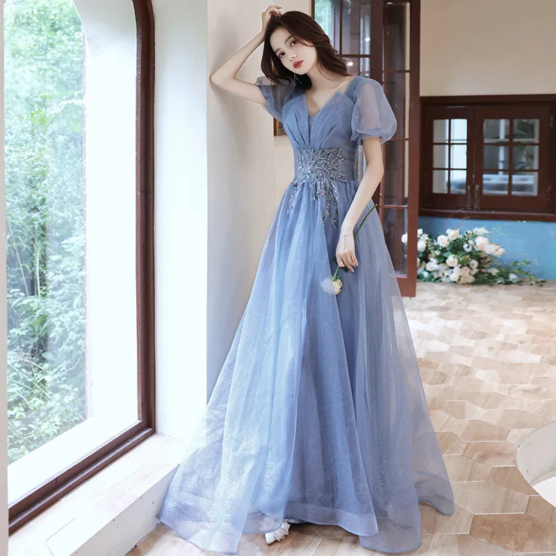 Elegant Square Collar Applique Blue Evening Dress Back Bandage Formal Gowns Cheongsam Robe De Soiree Vestidos Size XS-3XL