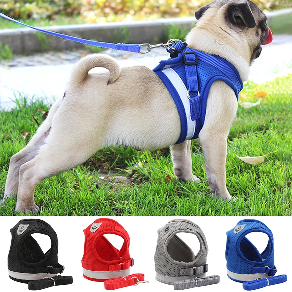 Pet Dog Cat Harness with Adjustable Leash Reflective Safety Mesh Chest Strap Collar For Small Medium Dogs Vest Set XS/S/M/L/XL