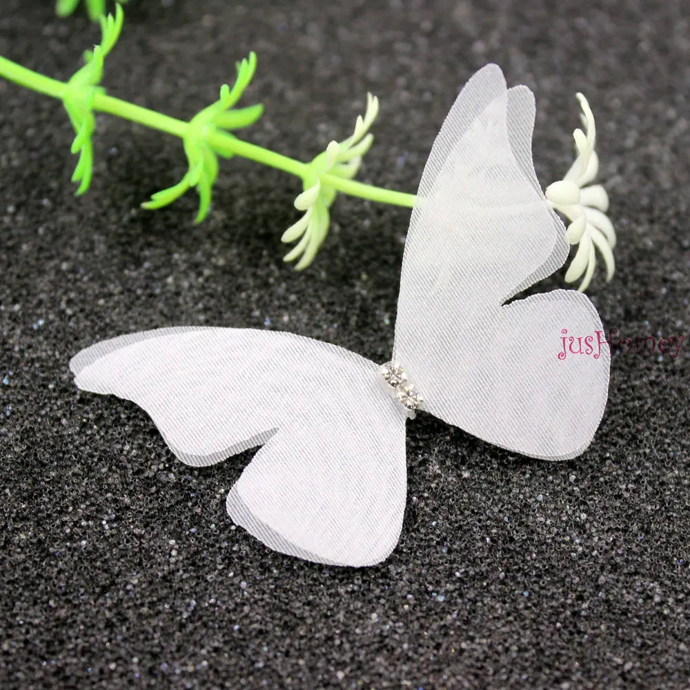 50PCS white Organza Butterfly Fabric Appliques Translucent Chiffon Butterflies with Rhinestone for Wedding Party Decor