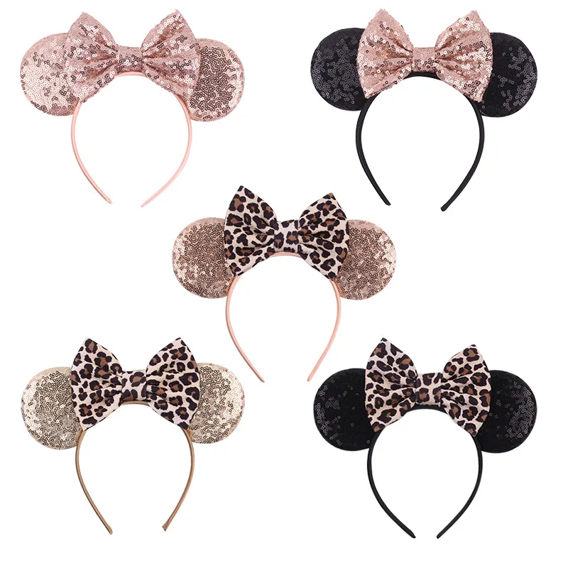 Disney-diadema con orejas de Mickey y lazo de leopardo para bebé, accesorios para el cabello, tocado para niña, decoración para la cabeza, regalo, 1