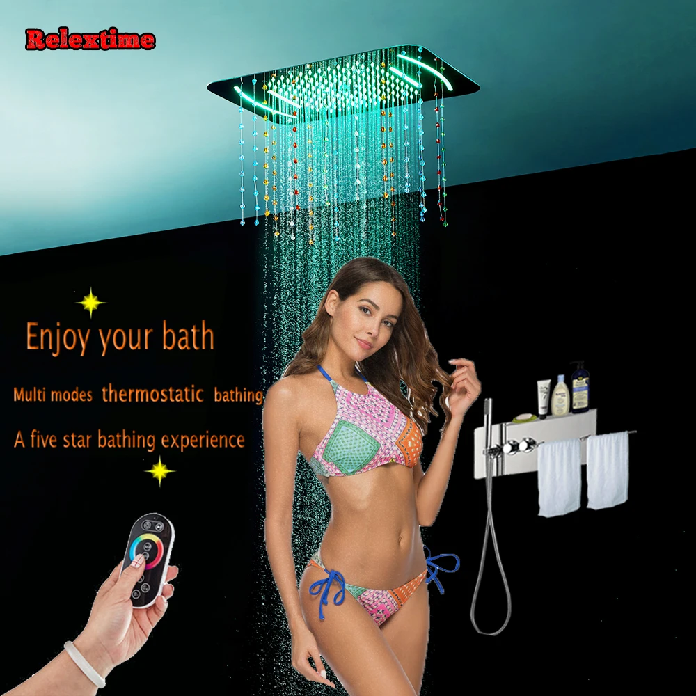 

Bathroom Thermostatic Concealed Shower Panel With Towel Shelf Crystal quartz Nozzle Light LED Ceiling Shower Head Rain Waterfall