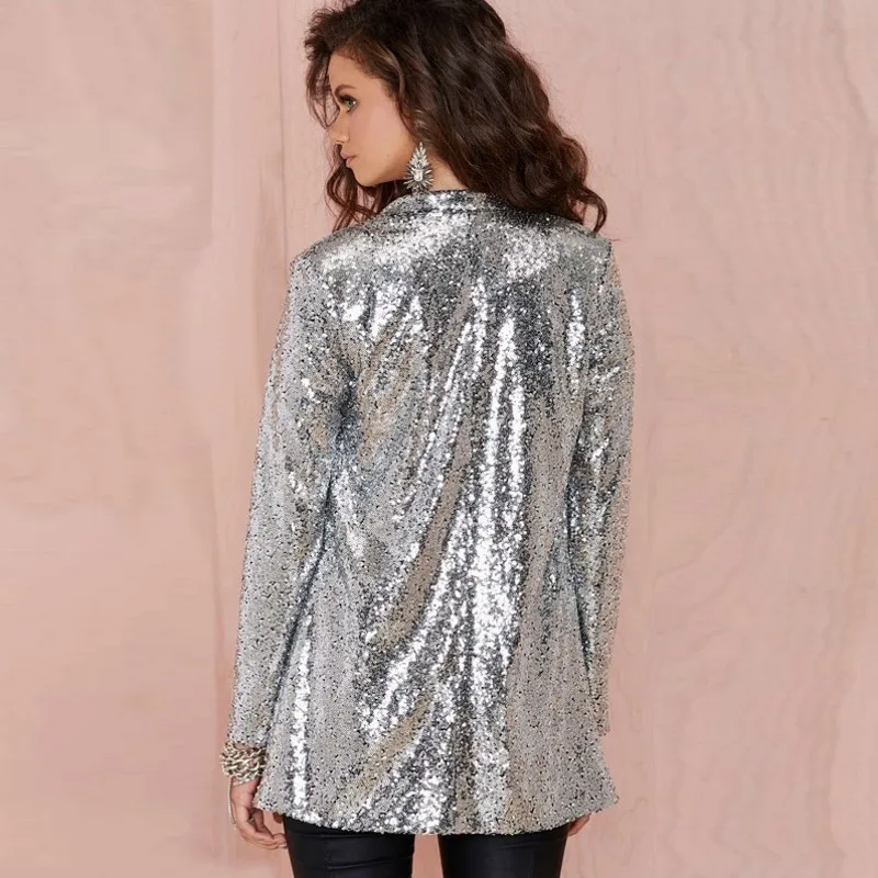 #5203 Spring 2023 Sequin Blazers Jacket Gold Silver Black Elegant Suit Coat Long Sleeved Night Club Shiny Blazer Women Cardigan