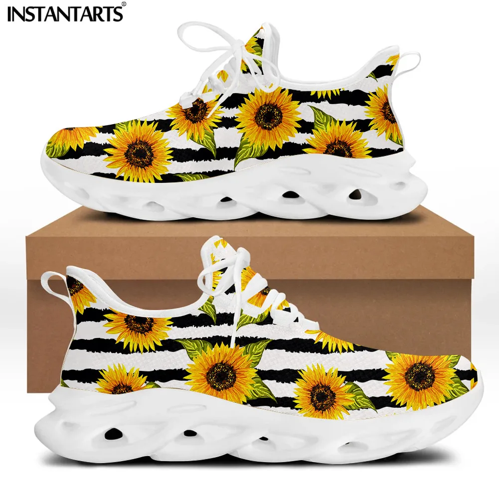 New Fashion Women Sunflower Black and White Striped Pattern Flats Lace Up Shoe Soft Wear-resistant Sneakers Ladies Stretch Shoes