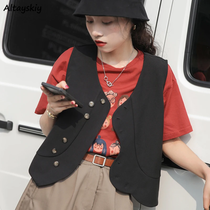 

Spring Women Black Vests Irregular Button Sleeveless Harajuku Retro Waistcoats Feminine Chic Ulzzang V-neck Cropped Coats Street