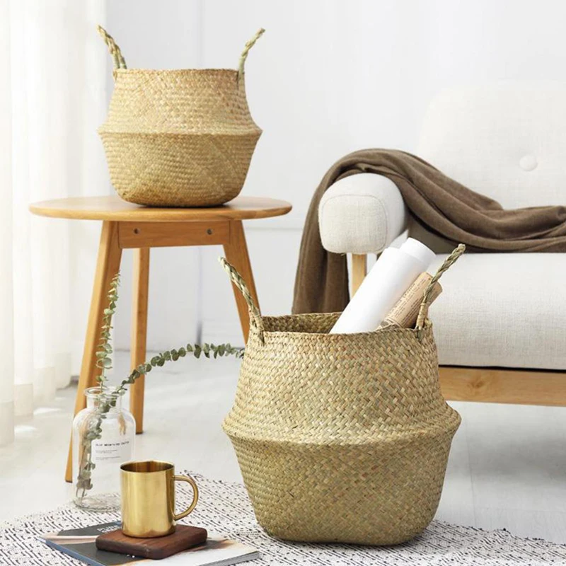 LuanQI-Seagrass Wicker Basket, Flower Pot for Home Decoration, Rattan Picnic Basket, Osier Toy, Simple Container, Belly Mimbre