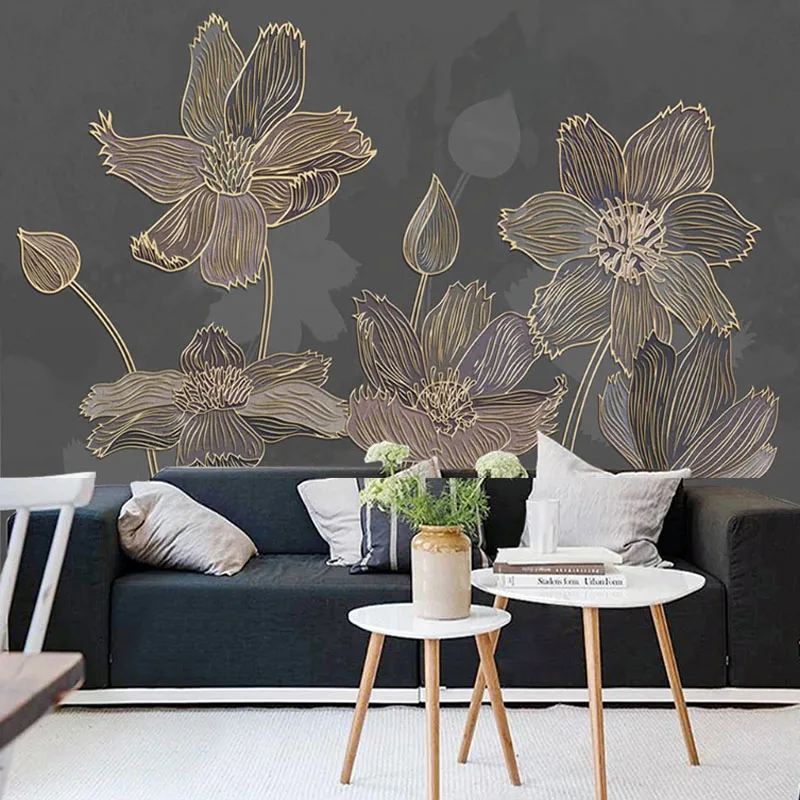 Custom Photo Wallpaper European Style Flower Light Luxury 3D Golden Embossed Line Mural Living Room TV Background Wall Stickers