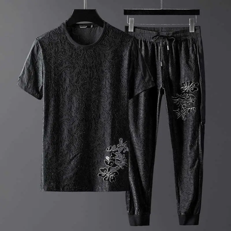 new men's Chinese style embroidery plum blossom leisure sports two-piece trousers social people mature wind summer Ice silk suit