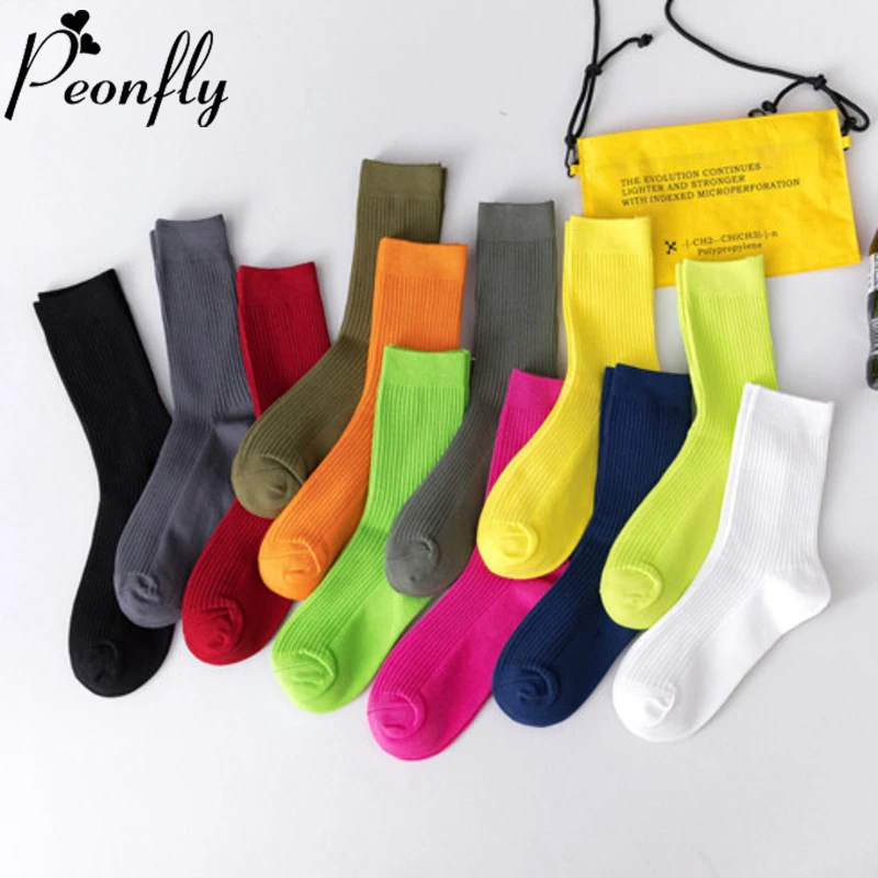 PEONFLY Harajuku Style Solid Men's Socks Fluorescence Color Hip Hop Skateboard Happy Socks Fashion Calcetines Hombre