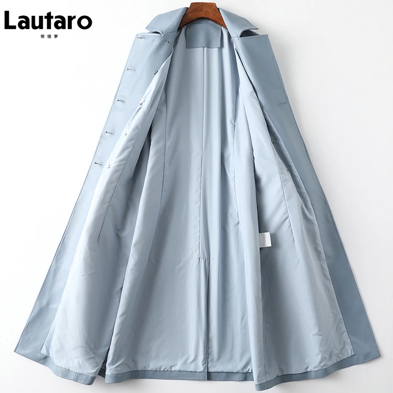 Lautaro-gabardina larga de cuero azul claro para mujer, abrigo suave con cinturón, doble botonadura, elegante, de lujo, estilo británico, a la moda,