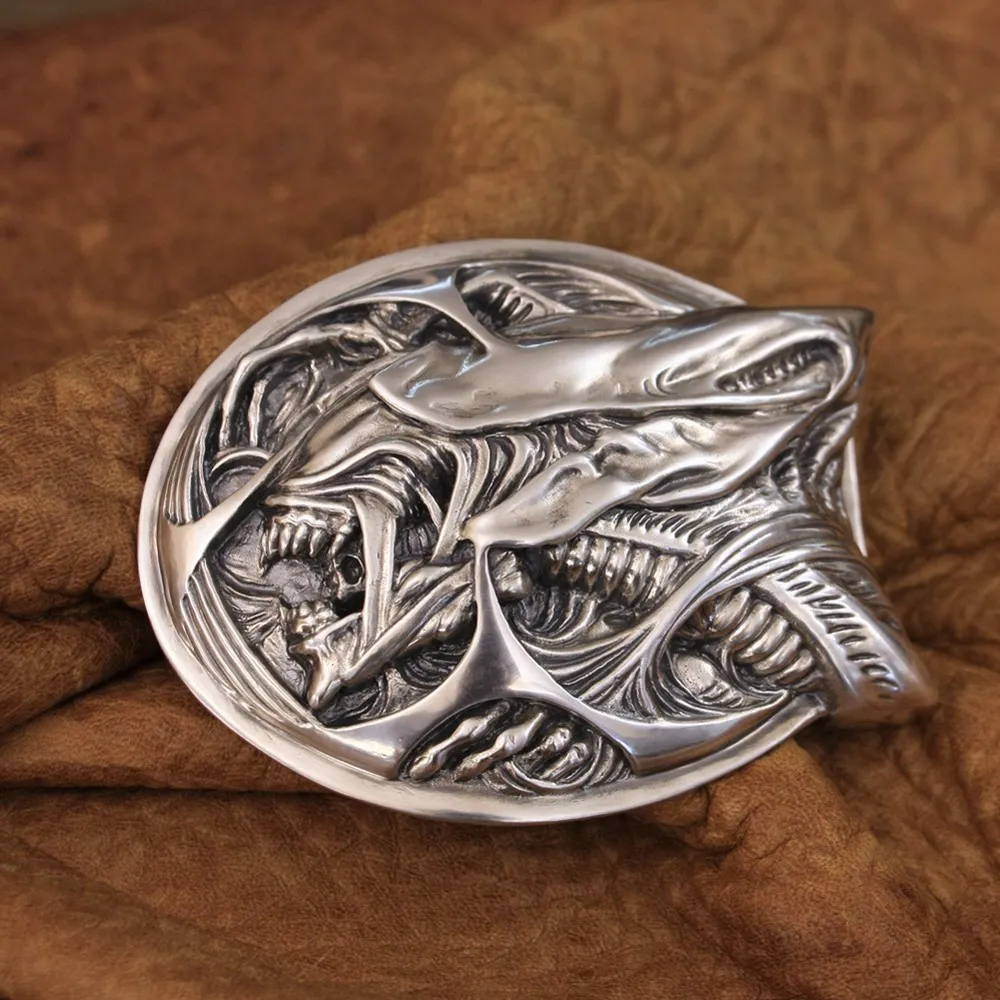 LINSION Handmade 925 Sterling Silver AVP Alien Mens Biker Punk Belt Buckle TA291