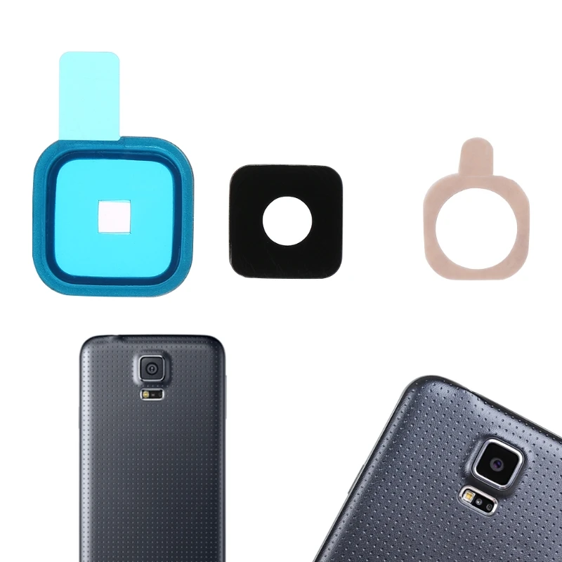 1 ensemble couvercle en verre d'objectif de caméra arrière + cadre en métal + autocollant pour Samsung Galaxy S5