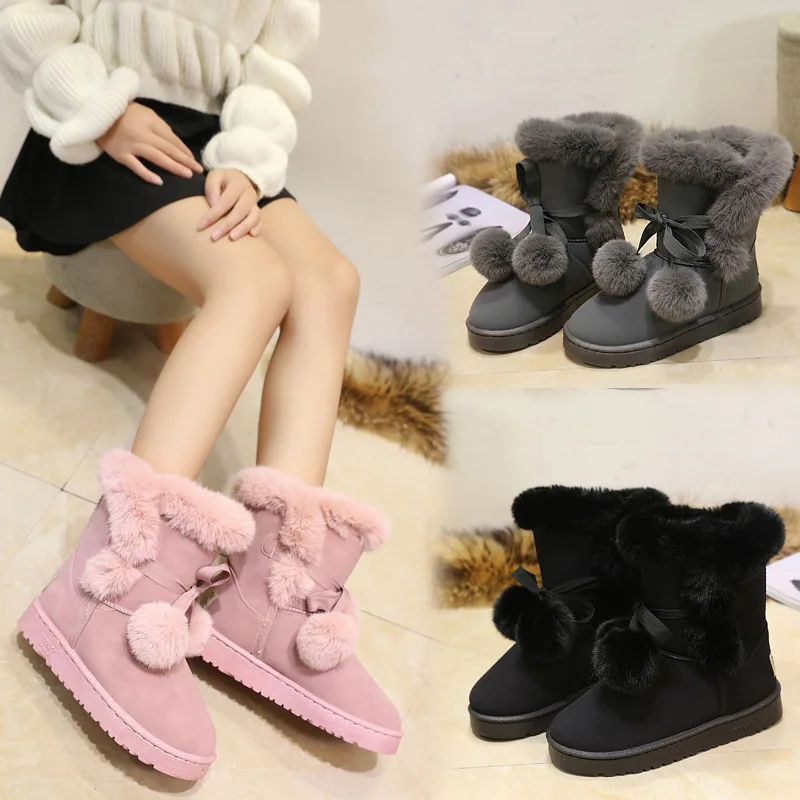 Warm Fur Women Snow Boots Suede Winter Shoes Fur Ball Mid-Calf Boots Female Fashion Boots Non-Slip Snow Casual botas de mujer