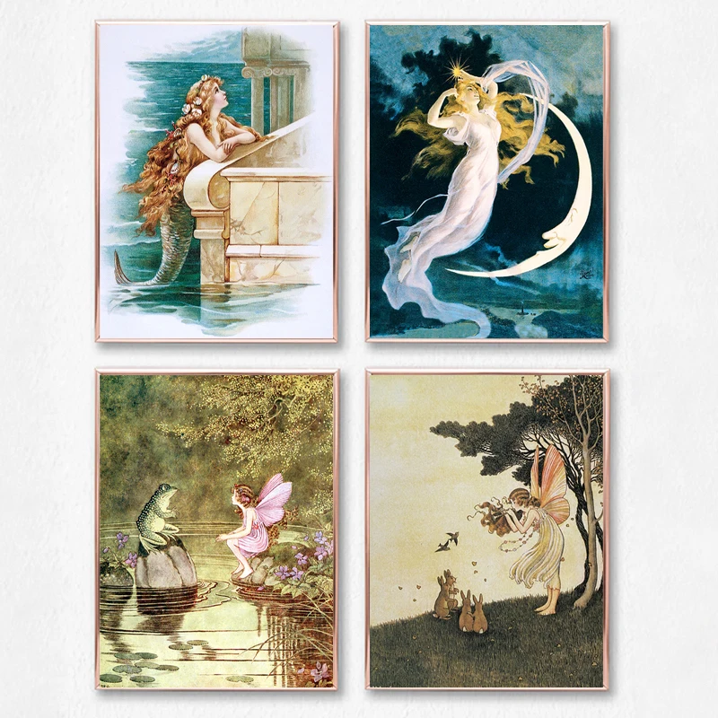 STUNNING POND Fairy & Golden Fishes Art Prints Water Sprite Vintage Poster Hilda Cowham Wall Canvas Painting Living Room Decor