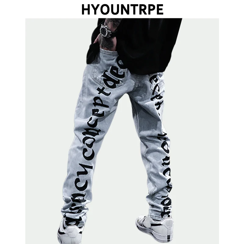 

Men Back Letter Embroidery Denim Jean Pants Fashion Slim Zipper Biker Jeans Trouser New Casual Hip Hop Streetwear Pants Joggers