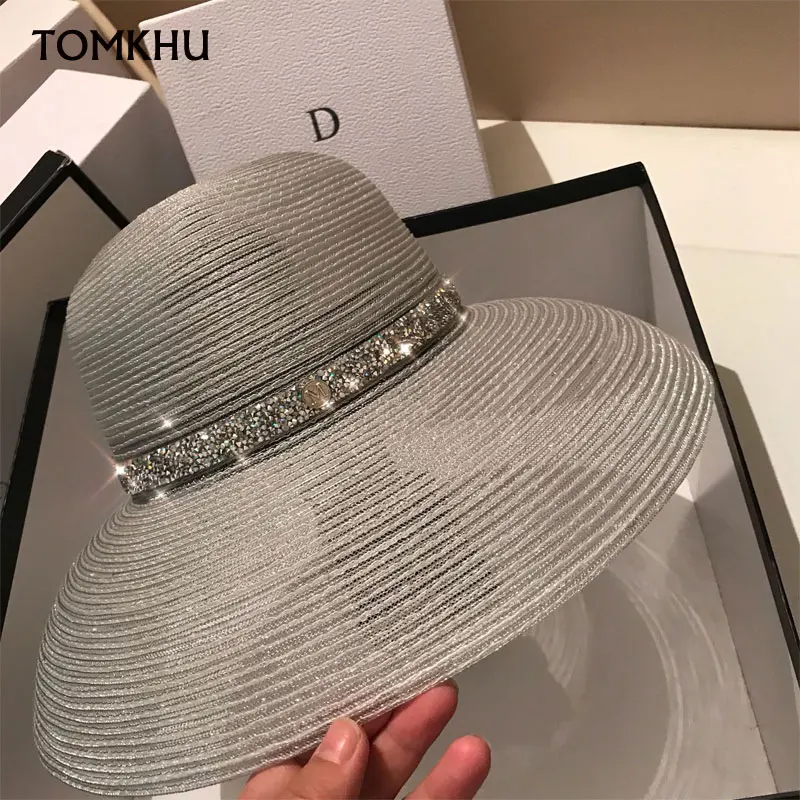 Summer Fashion Transparent Silk Elegant Wide Brim Beach Hat Hepburn Style Rhinestone Belt Sun Hats Female Foldable Anti-UV Sun