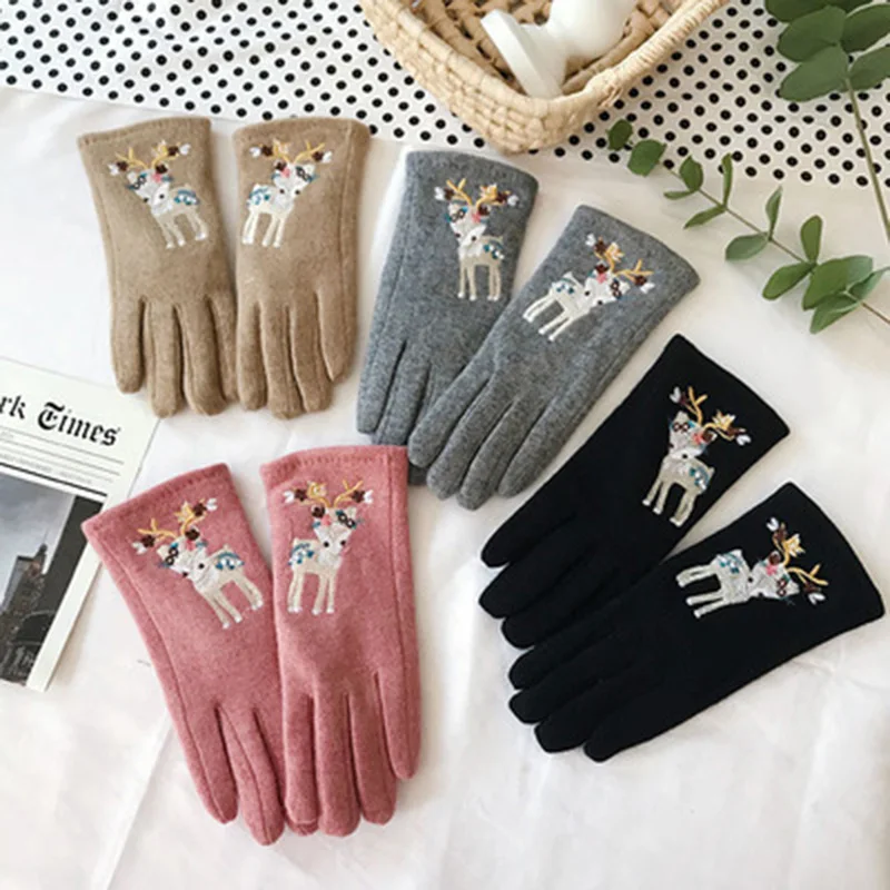 Female Cashmere Cute Deer Leopard Orint Embroidered Touch Screen Gloves Winter Women Wool Thickened Driving Warm Gloves K1