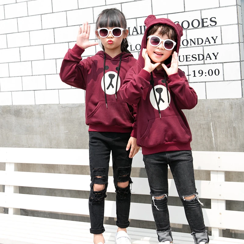 Family Matching Clothing Bear Print Cute Children Dad Mother and Daughter Couple Match Costumes Hoodie Spring Autumn Solid Color