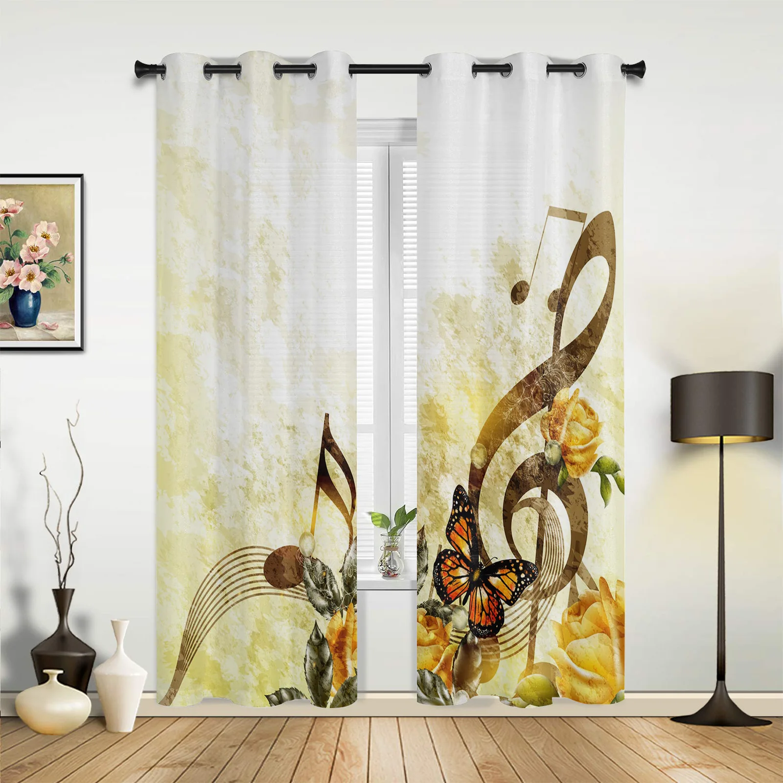 Rose Musical Note Butterfly Kitchen Curtain Kids Bedroom Living Room Balcony French Windows Curtain Fabric Pergola Bathroom