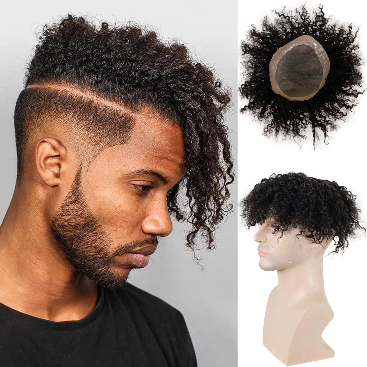 Kinky Curly Men's Toupee for African Amercian 100% Rem Human Hair Mono Lace PU Base Hairpiece Replacement Wig 10x8inch 1B Black