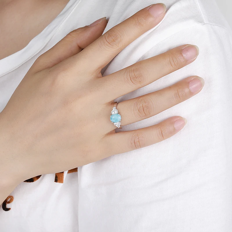 Zircon 925 Sterling Silver Natural Stone Larimar Proposal Ring Women Design Classic Simple Female Wedding LOVE Jewelry Dating