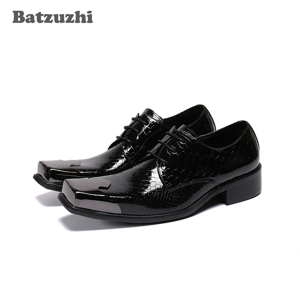 

Batzuzhi Handmade MEN's Leather Shoes Lace-up Black Genuine Leather Dress Shoes Men Square Metal Toe Business Leather Shoes