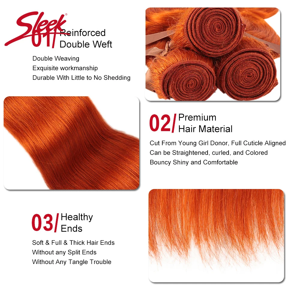 SLEEK Mink สีส้มและสีแดงสีบลอนด์บราซิลตรงรวมกลุ่มกับลูกไม้ปิด 8-28 นิ้ว Remy Human Hair สาน Bunldes