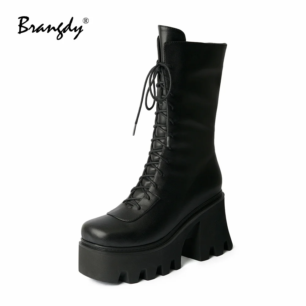 

Brangdy Fashion Women Mid Calf Boots Genuine Leather Chunky Heels Womens Goth Shoes Zipper Women Winter Boots Lace Size 34-39