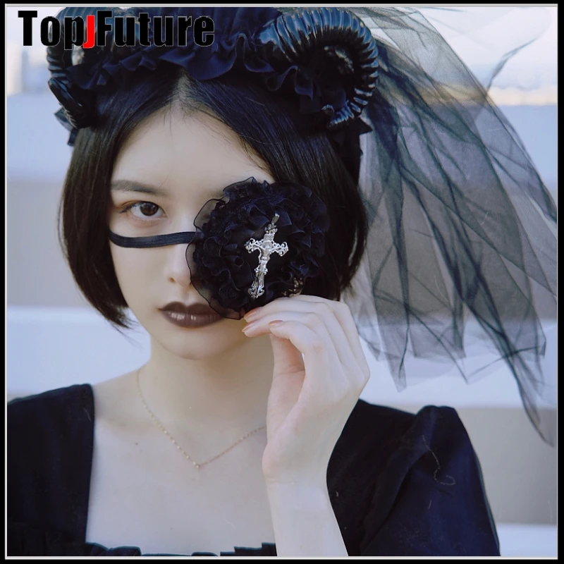 Lolita Cosplay Máscara de Olho para Meninas, Cruz Gótica Negra, Anime Cosplay Traje, Venda Única, Cabeça Desgaste, Y2K, Harajuku