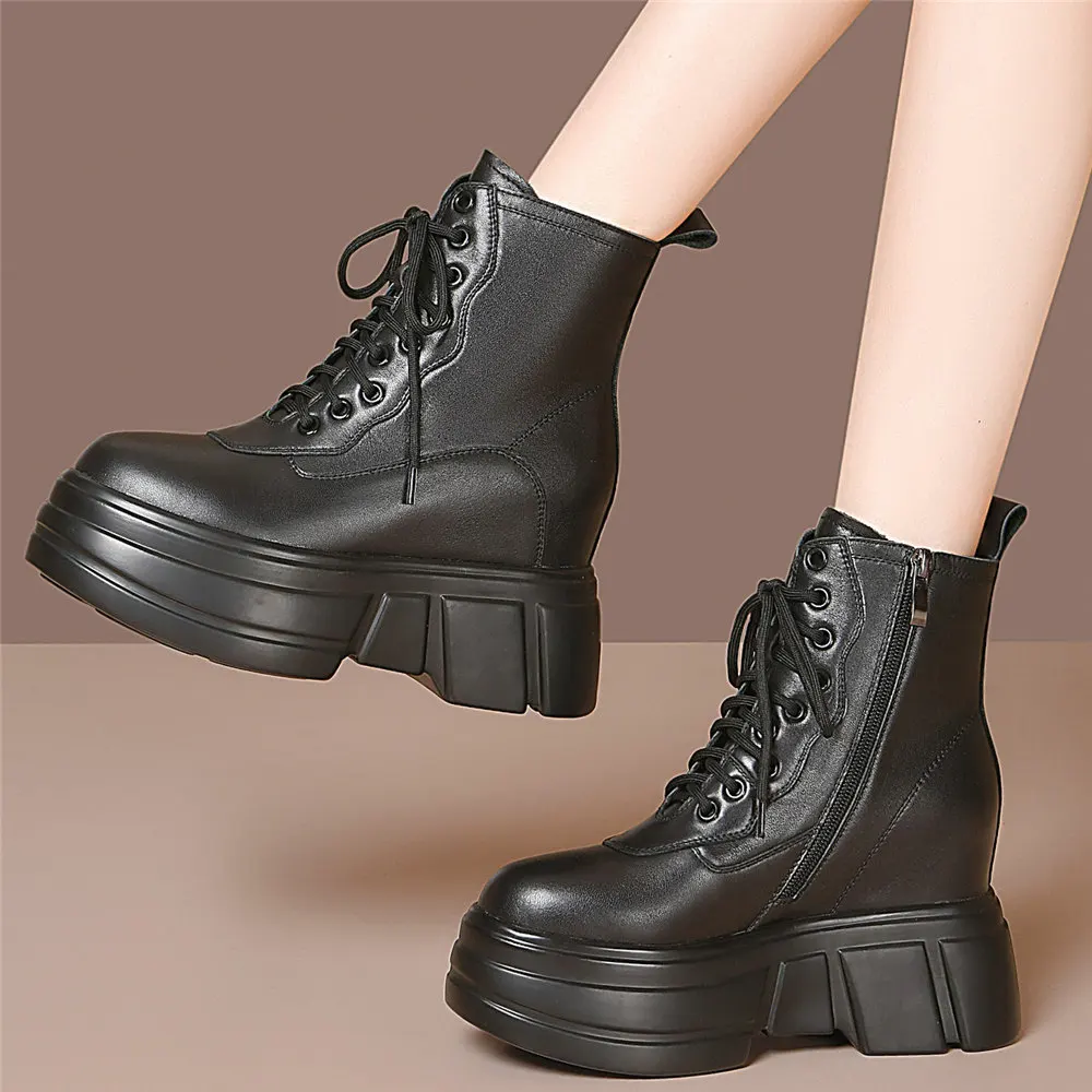 

Winter Platform Creepers Women Lace Up Genuine Leather Wedges High Heel Riding Boots Female High Top Round Toe Fashion Sneakers