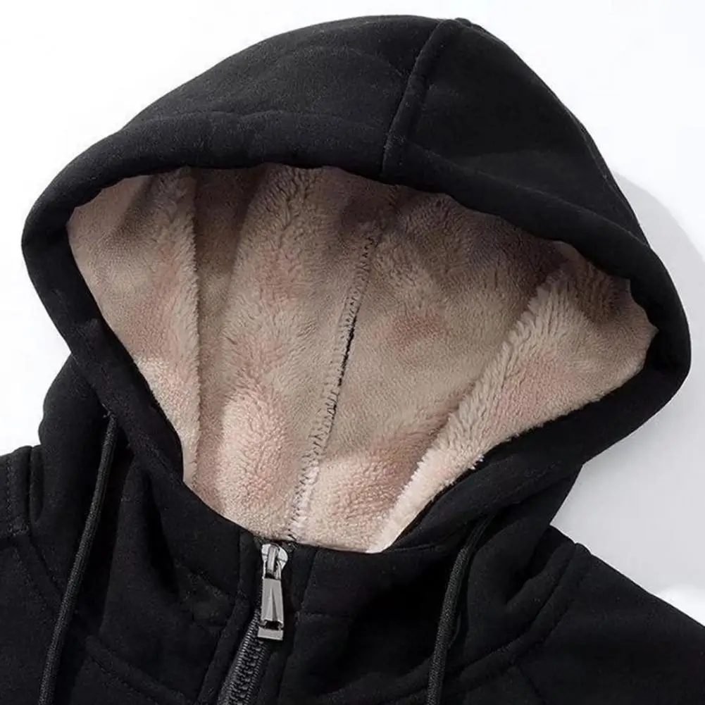 Men Hoodie Coat Solid Color Long Sleeve Hooded Thicken Plush Drawstring Winter Jacket Zipper Fly Women Hoodie Coat for Daily