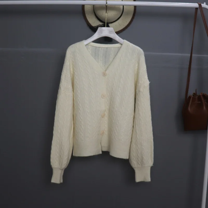 Autumn and Winter Short Thick Needle Linen Twist cardigans women Loose Lantern Sleeve Sweater Lazy Wind Knitted Cardigan Coat
