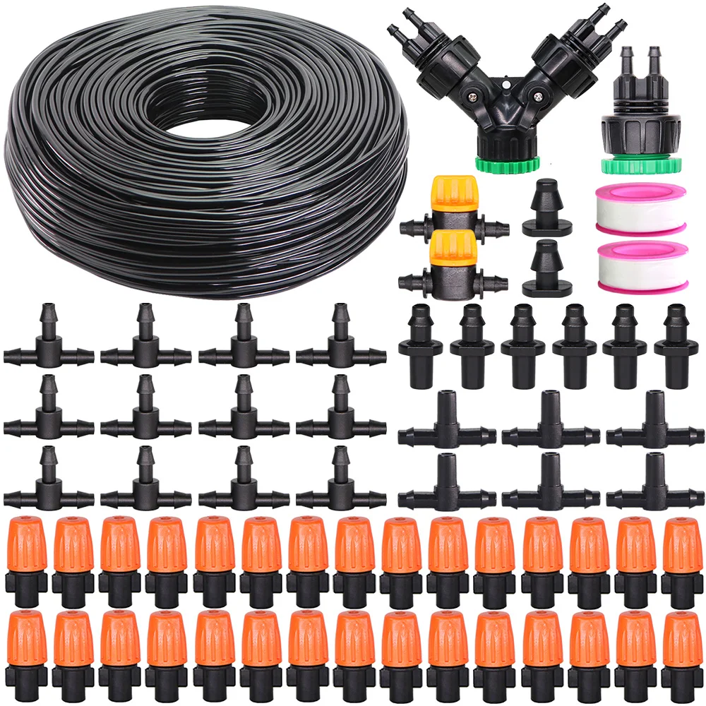 

10-50m Outdoor Misting Cooling System Garden Irrigation w/ 4/7mm Hose 1/4'' Water Atomizer Nozzles for Patio Greenhouse Yard