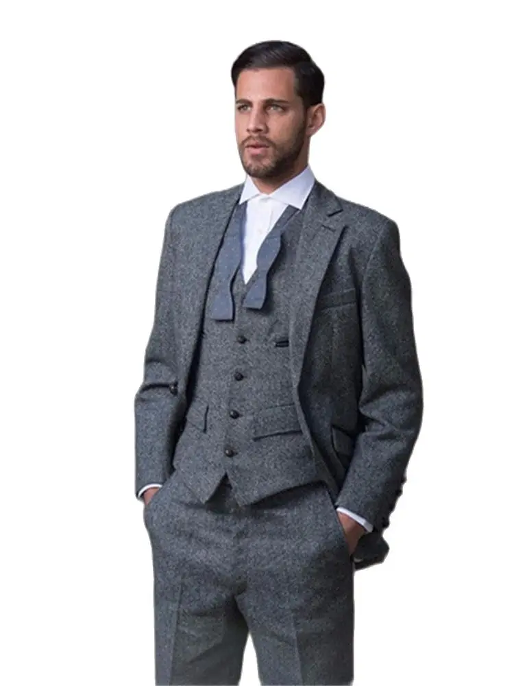 

2022 Custom Made Grey Tweed Blazer Trousers Men Suits Slim Fit Classic Custom Men's Tuxedo 3Pcs Wedding Suits(Jacket+Pants+Vest)