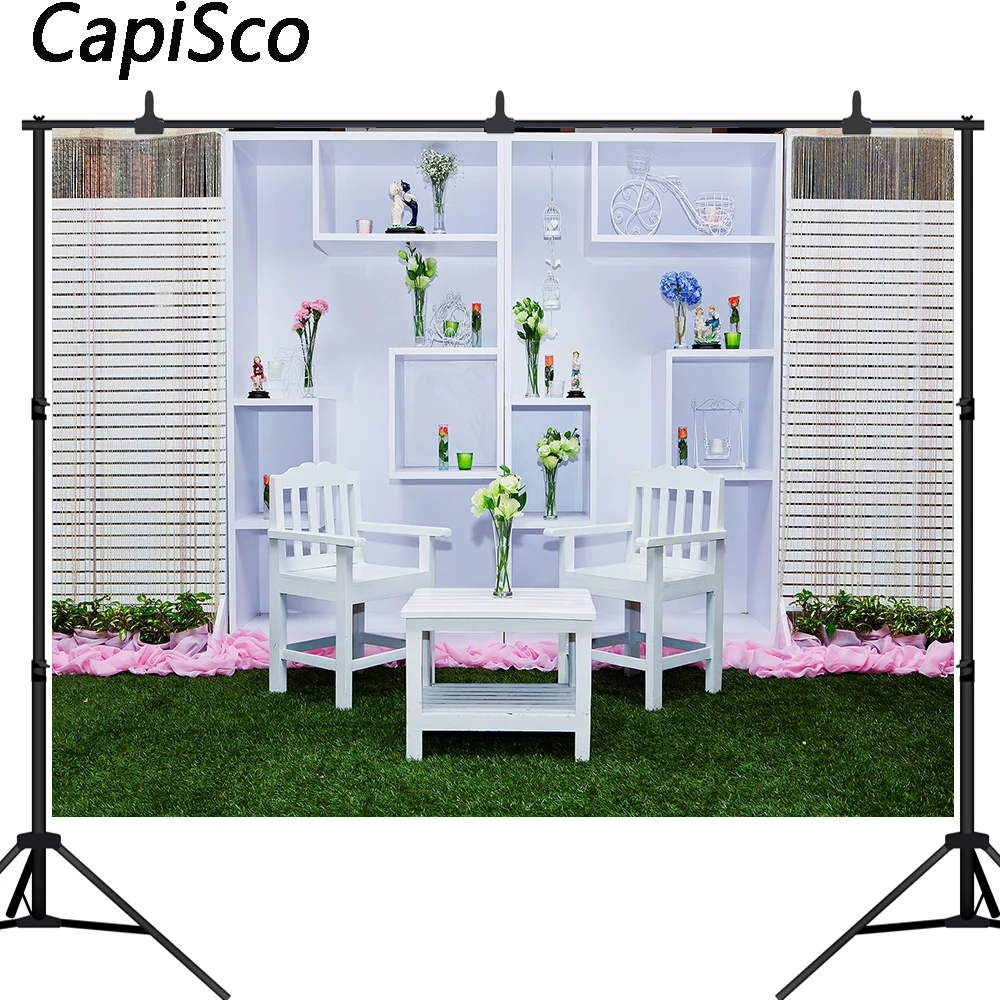 

Capisco Wedding Photocall Green Grassland Flowers White Wall Photo Backgrounds Custom Photography Backdrops For Photo Studio