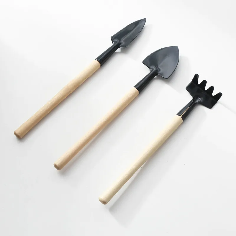 3pcs Set Mini Gardening Tool Small Rake Shovel Spade Fairy Garden Accessory Wood Handle Iron Head Plant Potted Digging Tool