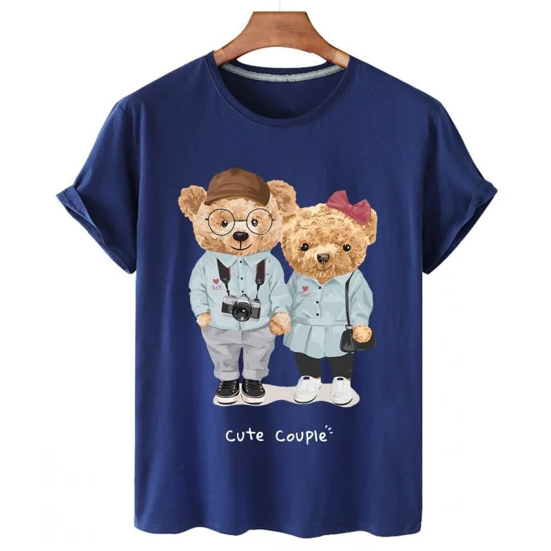 100% Cotton Couple Bear Print Short-sleeved T-shirt Female Half-sleeved Summer Casual 1 Couple Oversized T-shirt Ladies Shirt