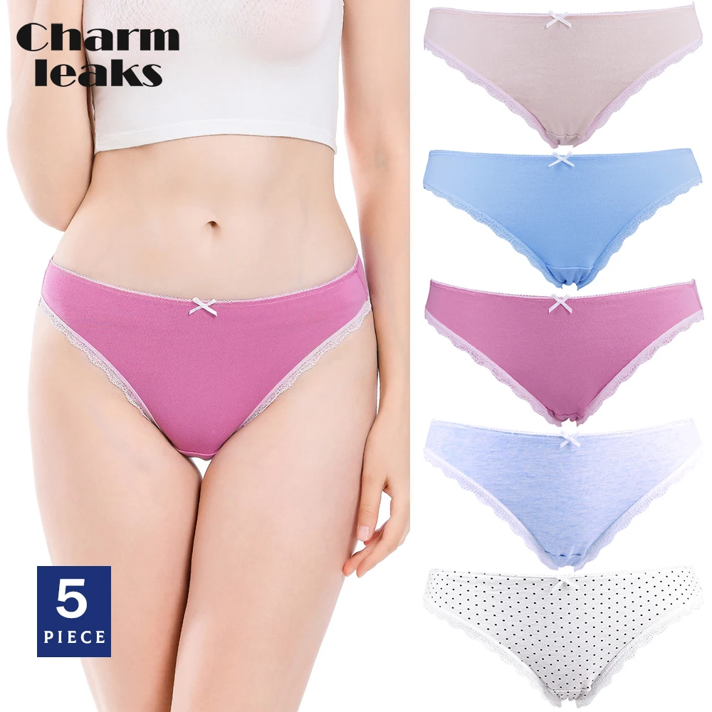 Charmleaks Women’s Fashion Cotton Underwear Lace Bikini Comfort Non-marking Briefs Bowknot Soft Elastic Mid-waist Briefs 5PCS