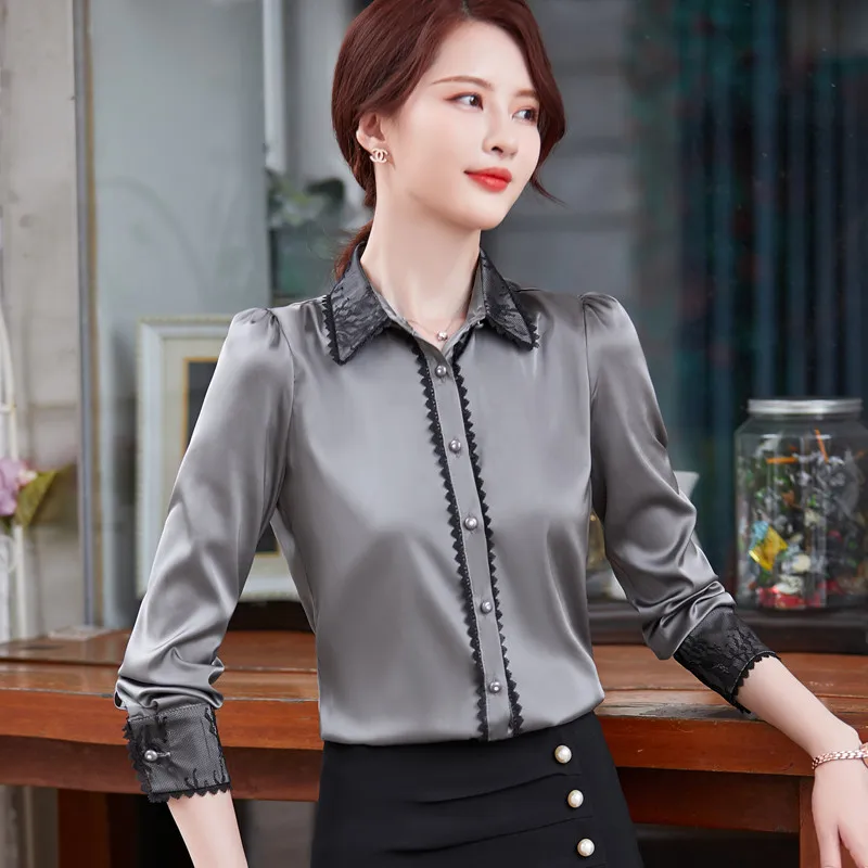 Gray Shirt Women Lace Patchwork Design High End 2022 New Autumn Long Sleeve Formal Acetate Blouses Office Ladies Work Tops