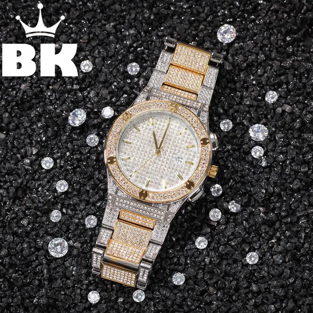 Hip Hop Full Iced Out Full Drill Men Watches Stainless Steel Fashion Luxury Rhinestones Quartz Square Business Watch