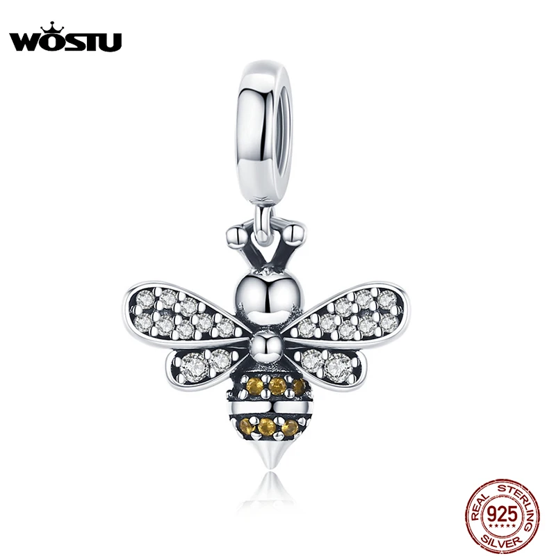 WOSTU 925 Sterling Silver Hot Sell Bee Crystal CZ Chain Bead Charms fit Bracelet Necklace 2019 Fashion Jewelry Party Gift CQC821