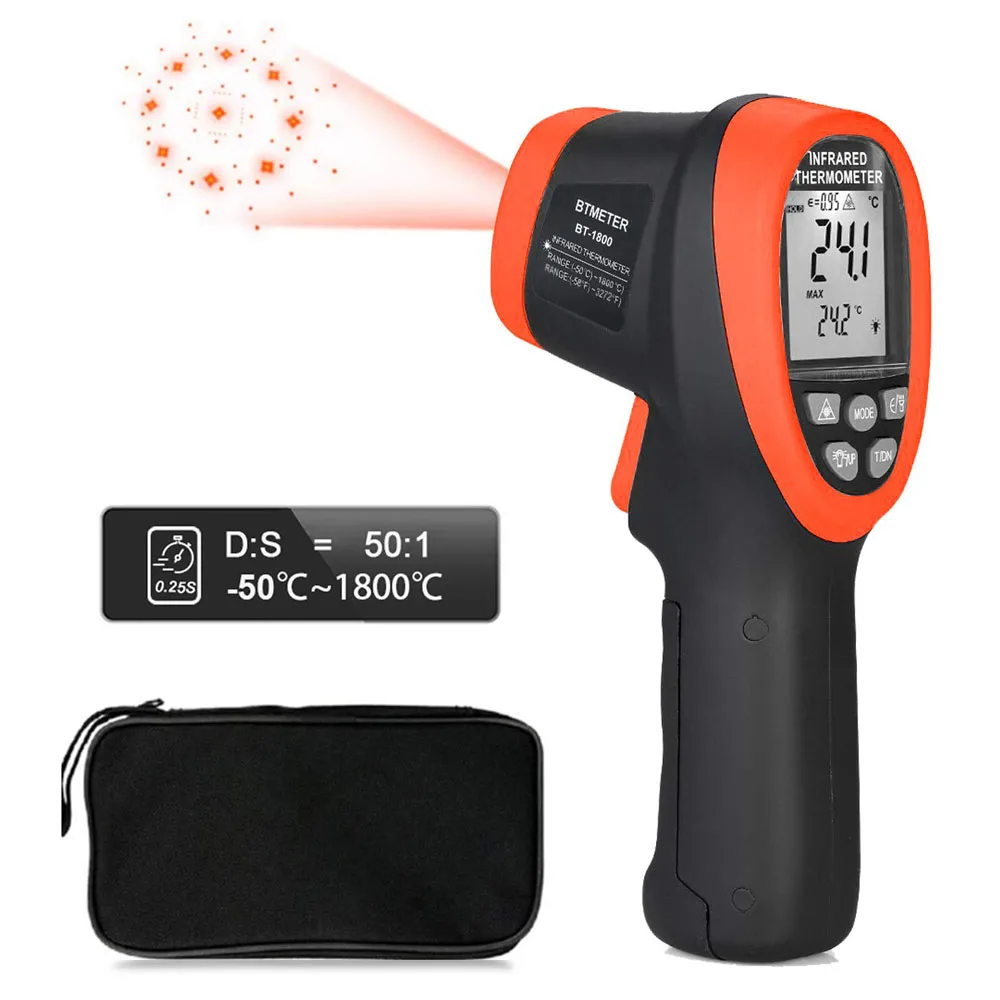 Imagem -02 - Btmeter Bt1800 Termômetro Infravermelho de Alta Temperatura ir Handheld Temp Gun50c 181800c Verificador de Alta Temperatura com Lanterna Retroiluminada